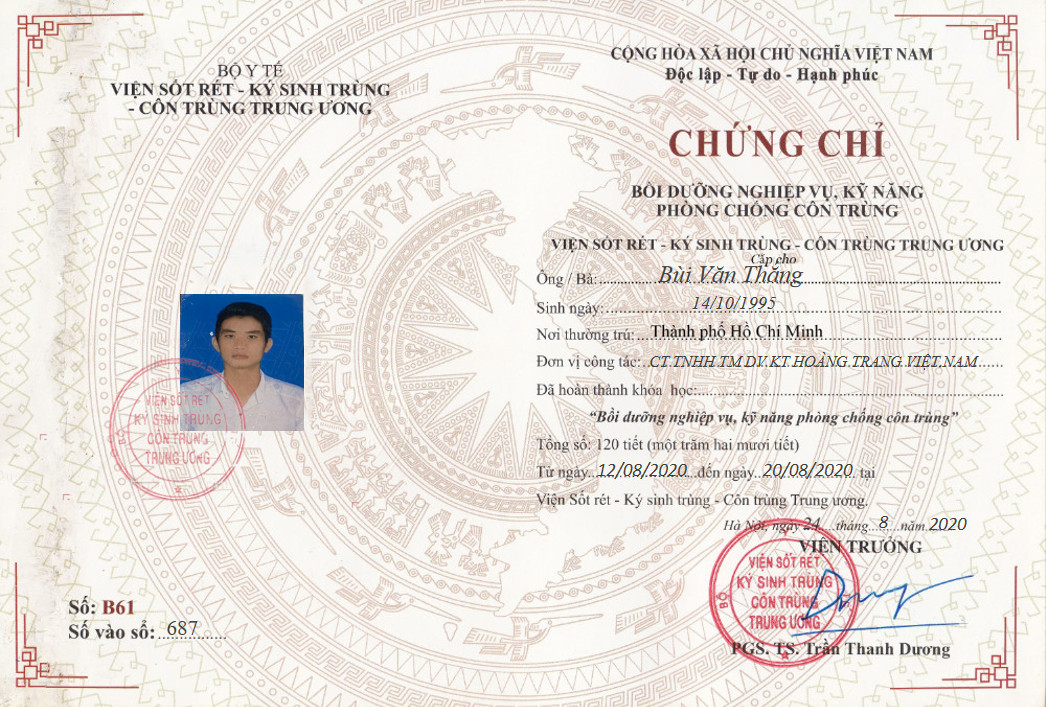 Chứng chỉ chuyên môn diệt mối