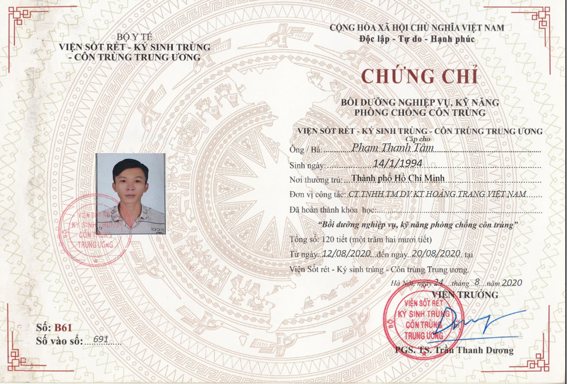 chứng chỉ chuyên môn diệt côn trùng