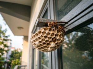 Ong giấy Apache Wasp làm tổ hình chiếc ô ngược ở khung cửa ban công chung cư TPHCM