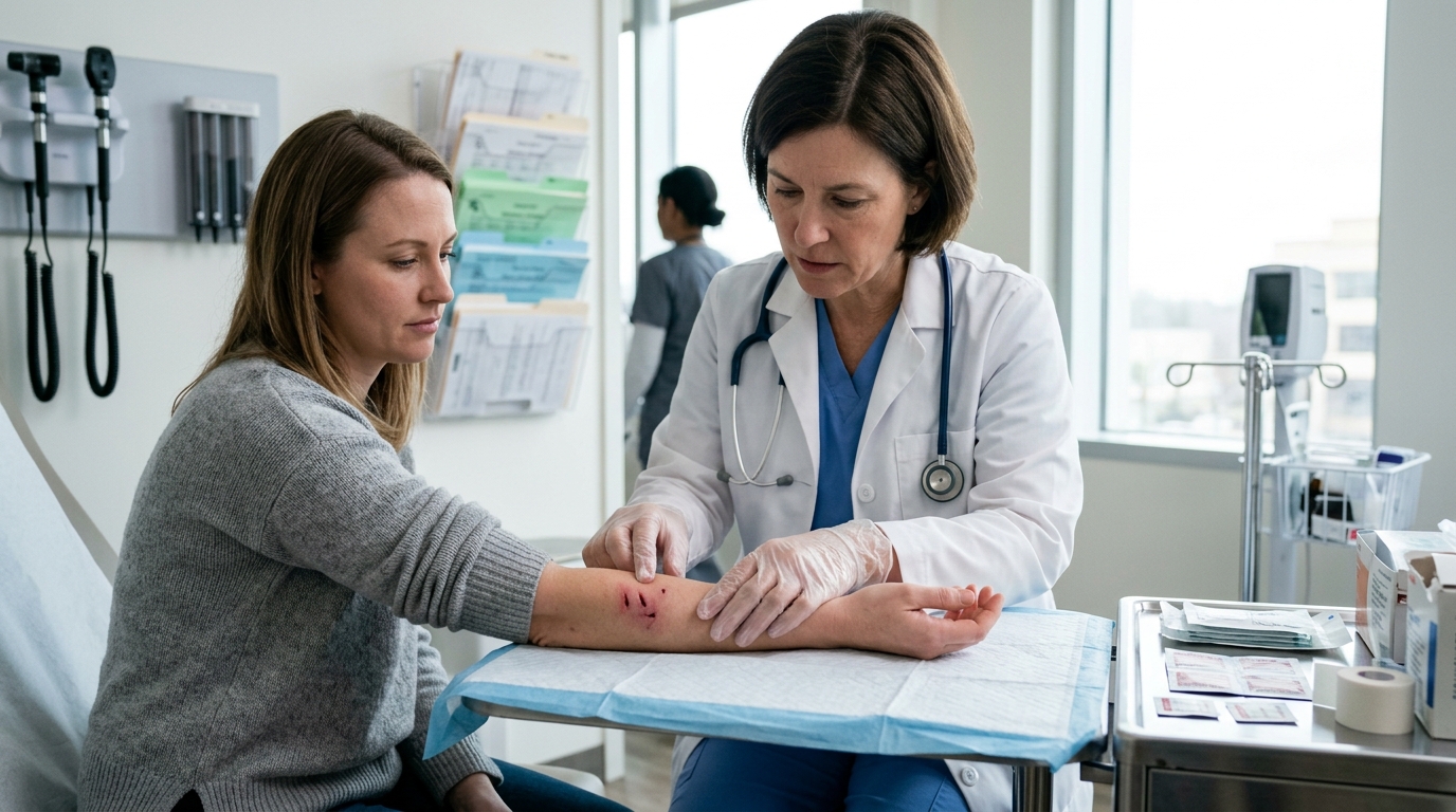 Bác sĩ thăm khám lâm sàng đánh giá độ sâu vết chó cắn và nguy cơ lây nhiễm virus dại trên cơ thể người bệnh