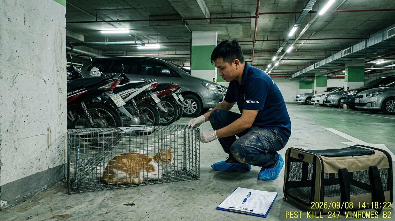 Kỹ thuật viên Pest Kill 247 kiểm tra bẫy lồng lò xo bắt mèo hoang an toàn tại hầm xe Vinhomes Grand Park