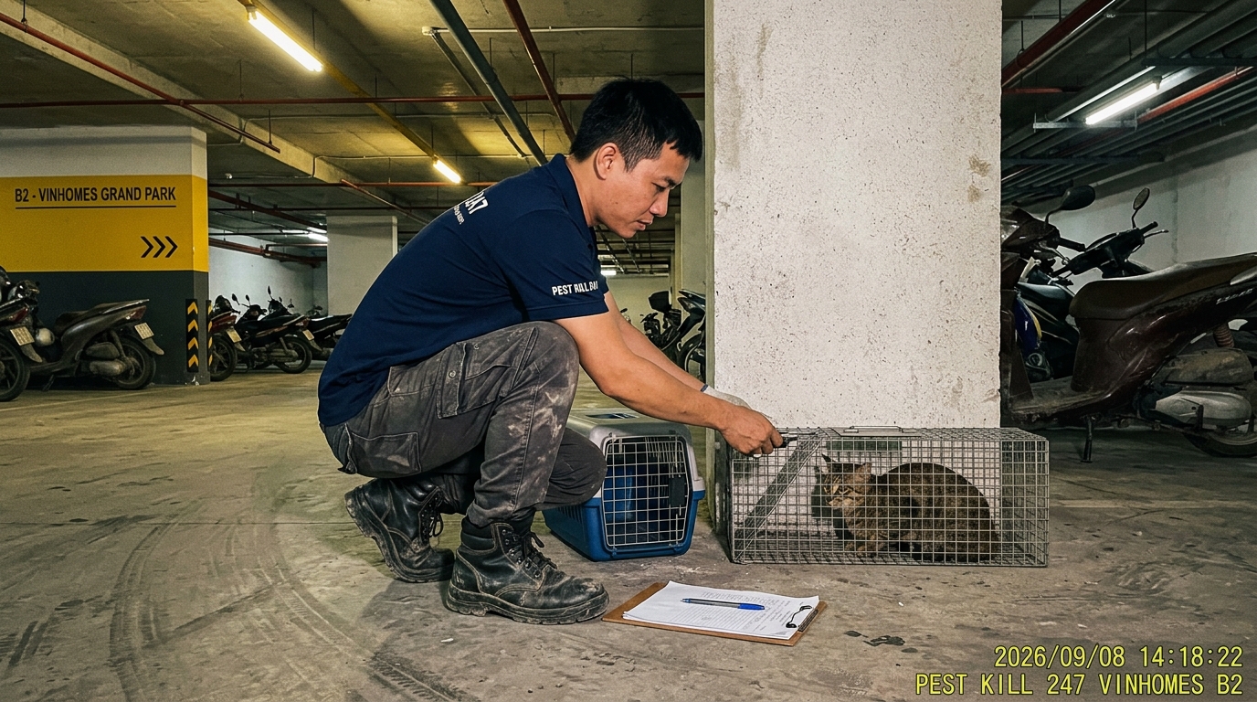 Kỹ thuật viên Pest Kill 247 mang giày bảo hộ lao động kiểm tra bẫy lồng lò xo bắt mèo hoang an toàn tại hầm xe Vinhomes Grand Park