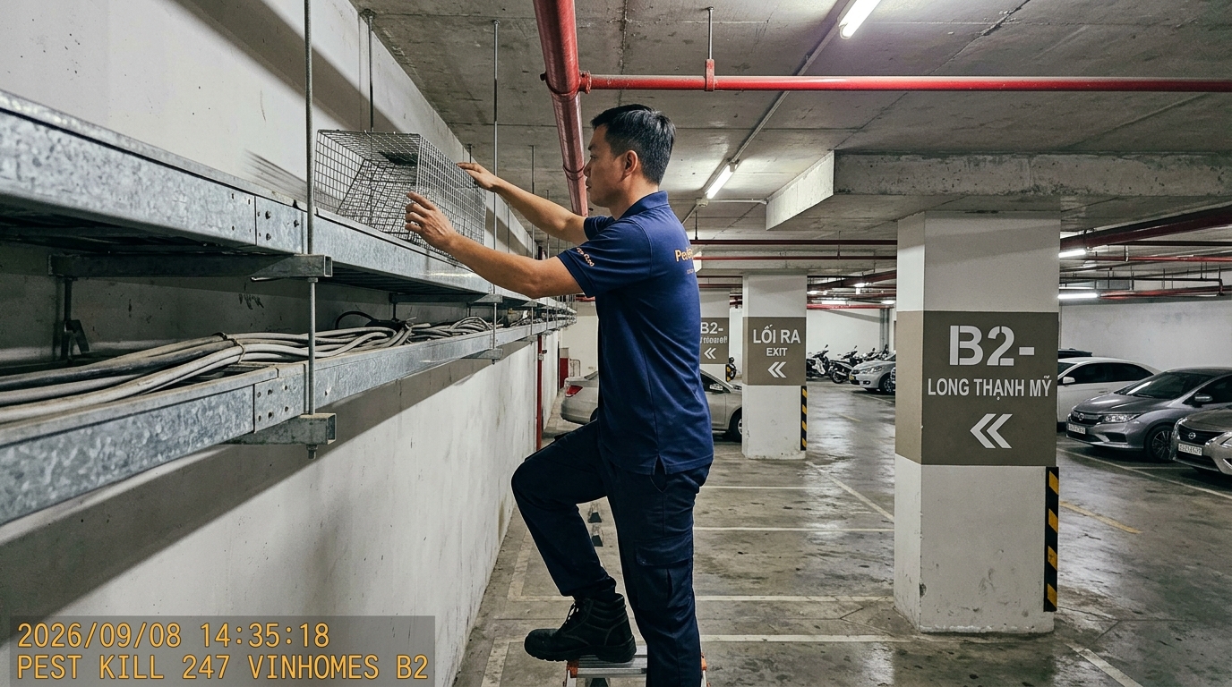 Kỹ thuật viên Pest Kill 247 đặt bẫy lồng lò xo nhân đạo trên máng cáp kỹ thuật trần hầm B2 Vinhomes