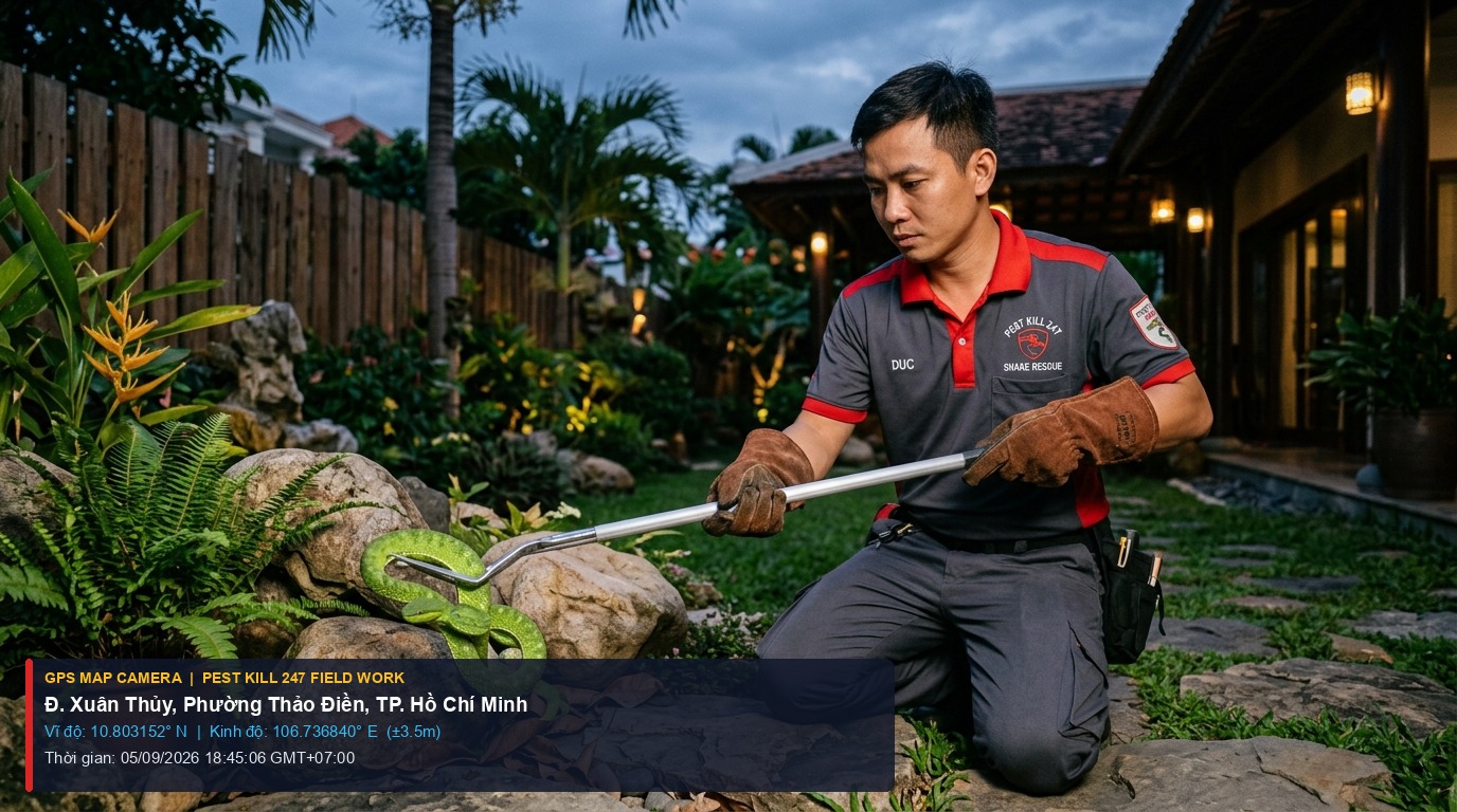 Dịch Vụ Bắt Rắn Phường An Khánh (Thảo Điền) TPHCM 24/7 | Khẩn Cấp & Lắp Hệ Thống Rào Lưới 1 Ảnh chụp thực tế định vị GPS kỹ thuật viên Pest Kill 247 khống chế an toàn rắn lục đuôi đỏ tại sân vườn biệt thự Phường An Khánh Thảo Điền TP HCM