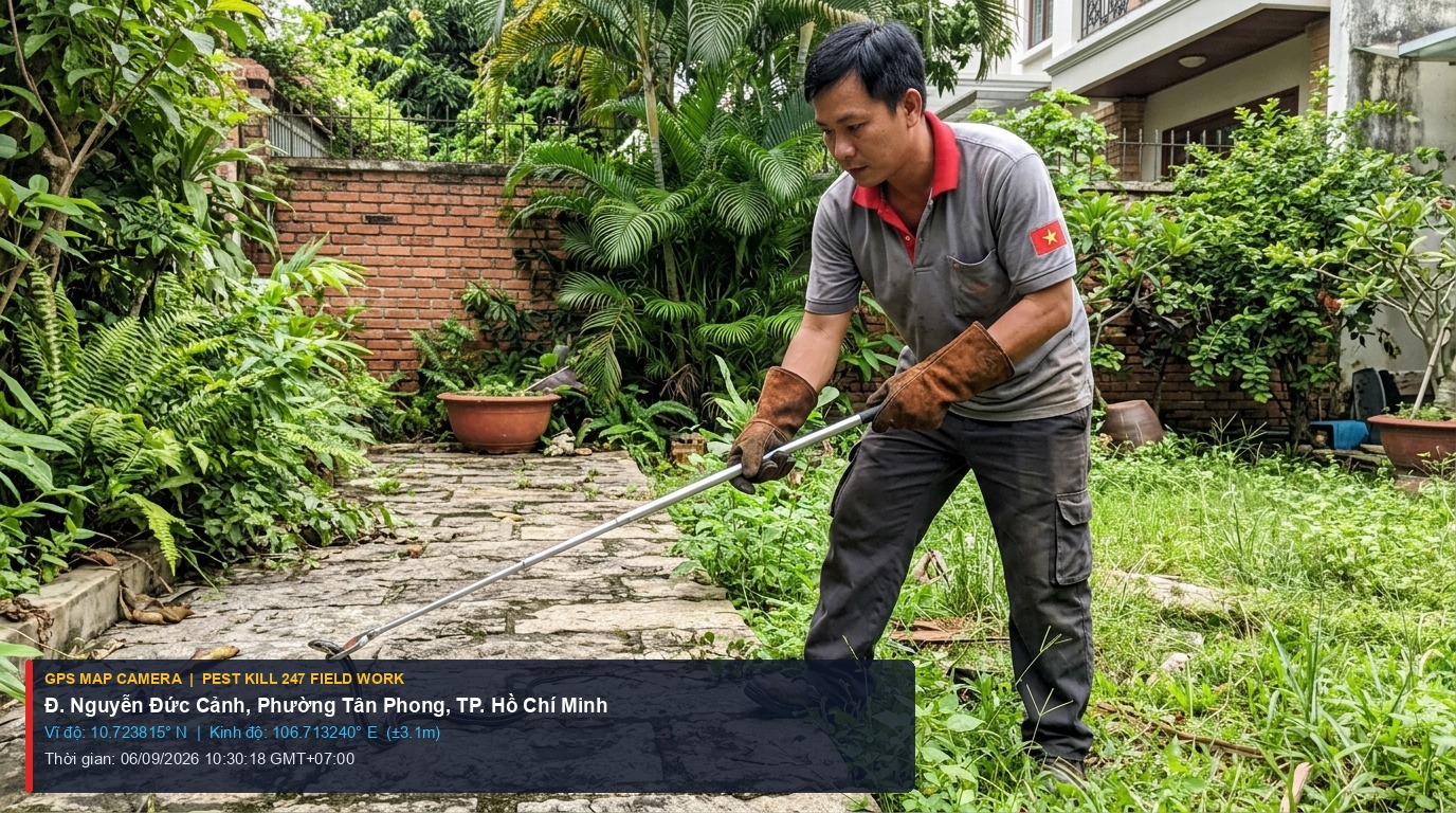 Dịch Vụ Bắt Rắn Phường Tân Phong TPHCM 24/7 | Khẩn Cấp & Lắp Hệ Thống Rào Lưới Phú Mỹ Hưng 1 Ảnh chụp thực tế định vị GPS kỹ thuật viên Pest Kill 247 dùng kẹp chuyên dụng khống chế rắn tại sân vườn biệt thự Phường Tân Phong Phú Mỹ Hưng TP HCM