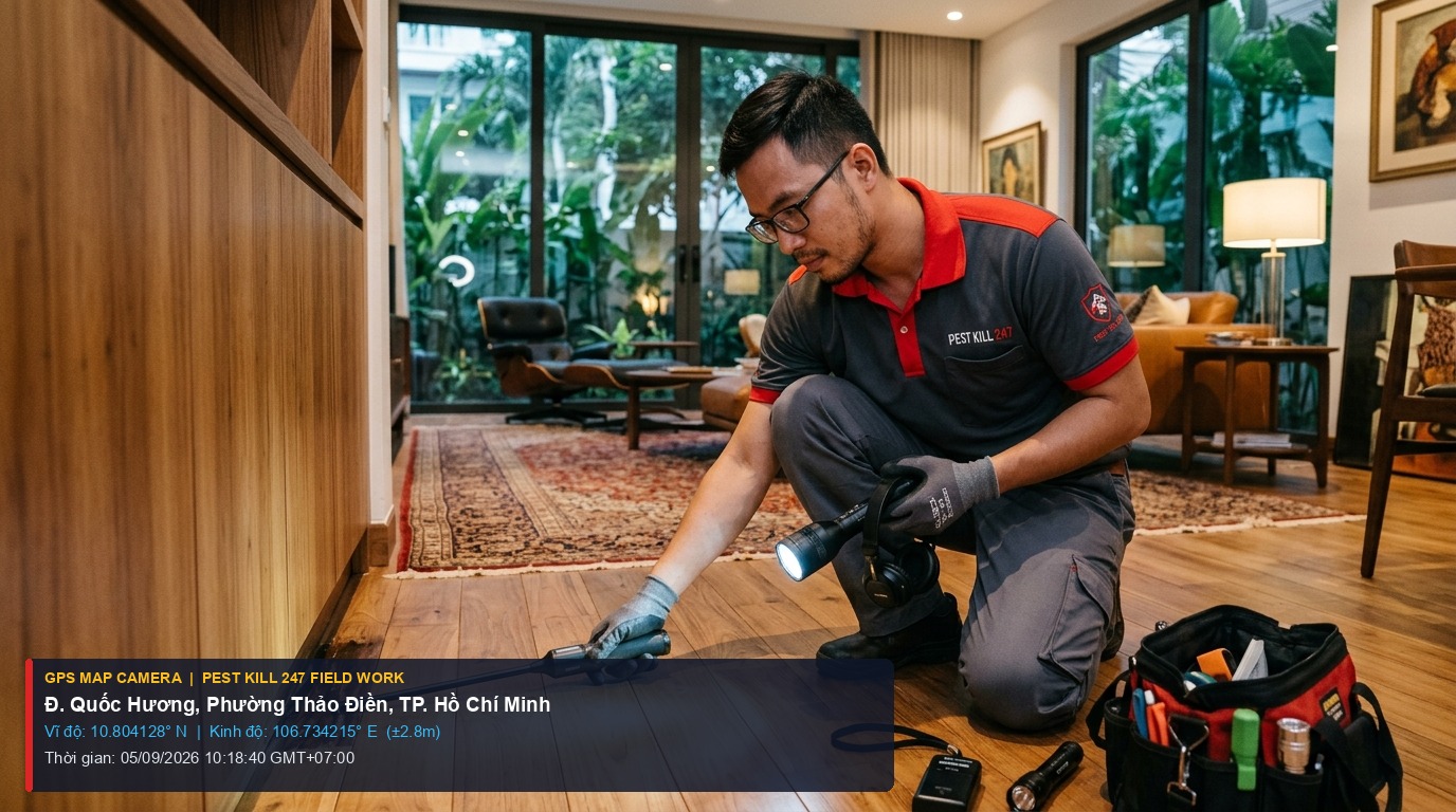 Dịch Vụ Diệt Mối Phường An Khánh (Thảo Điền) TPHCM | Bả Xterm Nhật Bảo Vệ Đồ Gỗ 1 Ảnh chụp thực tế định vị GPS kỹ thuật viên Pest Kill 247 kiểm tra tổ mối sàn gỗ biệt thự Phường An Khánh Thảo Điền TP HCM