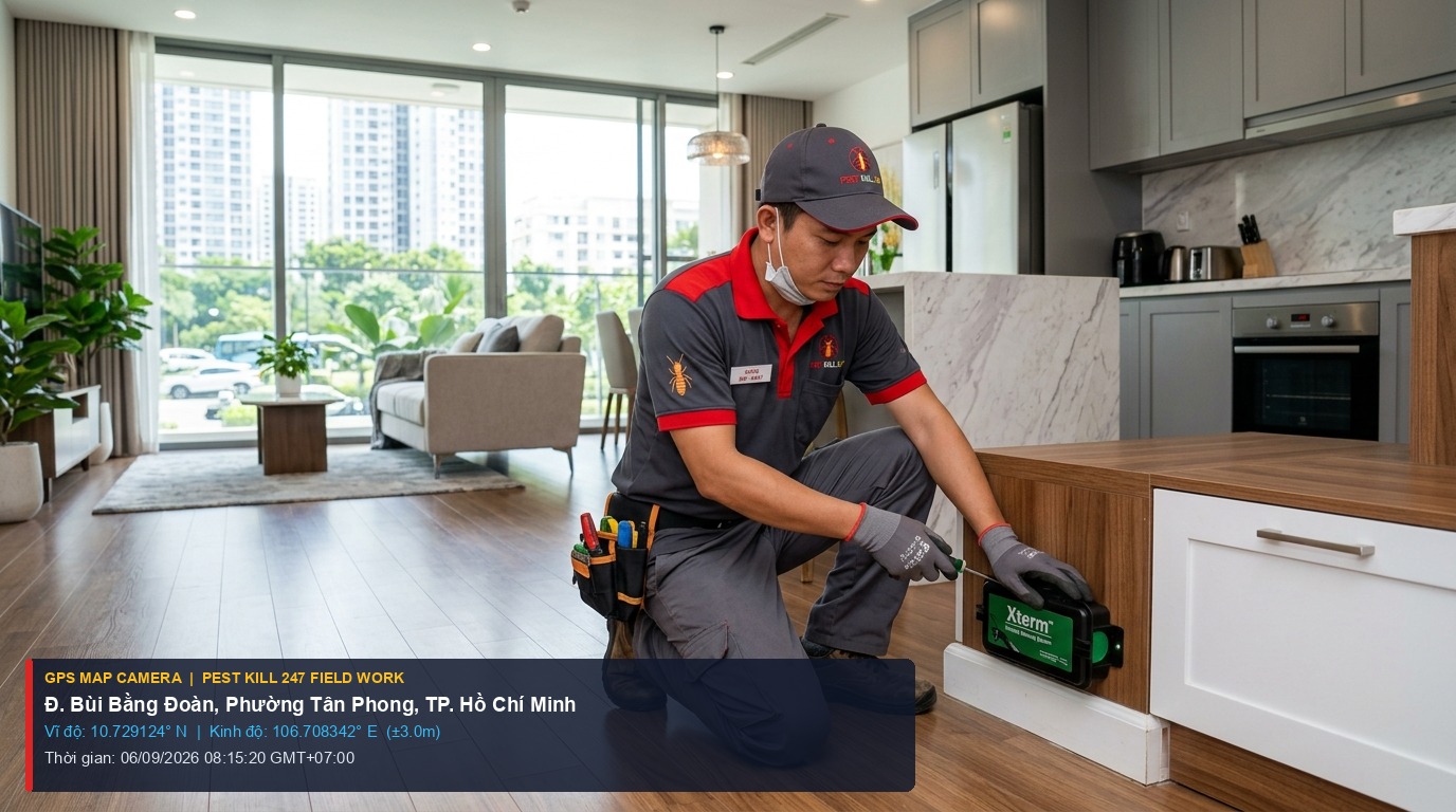 Dịch Vụ Diệt Mối Phường Tân Phong TPHCM | Bả Xterm Nhật Bảo Vệ Đồ Gỗ Phú Mỹ Hưng 1 Ảnh chụp thực tế định vị GPS kỹ thuật viên Pest Kill 247 lắp trạm bả diệt mối Xterm tại căn hộ Phường Tân Phong Phú Mỹ Hưng TP HCM