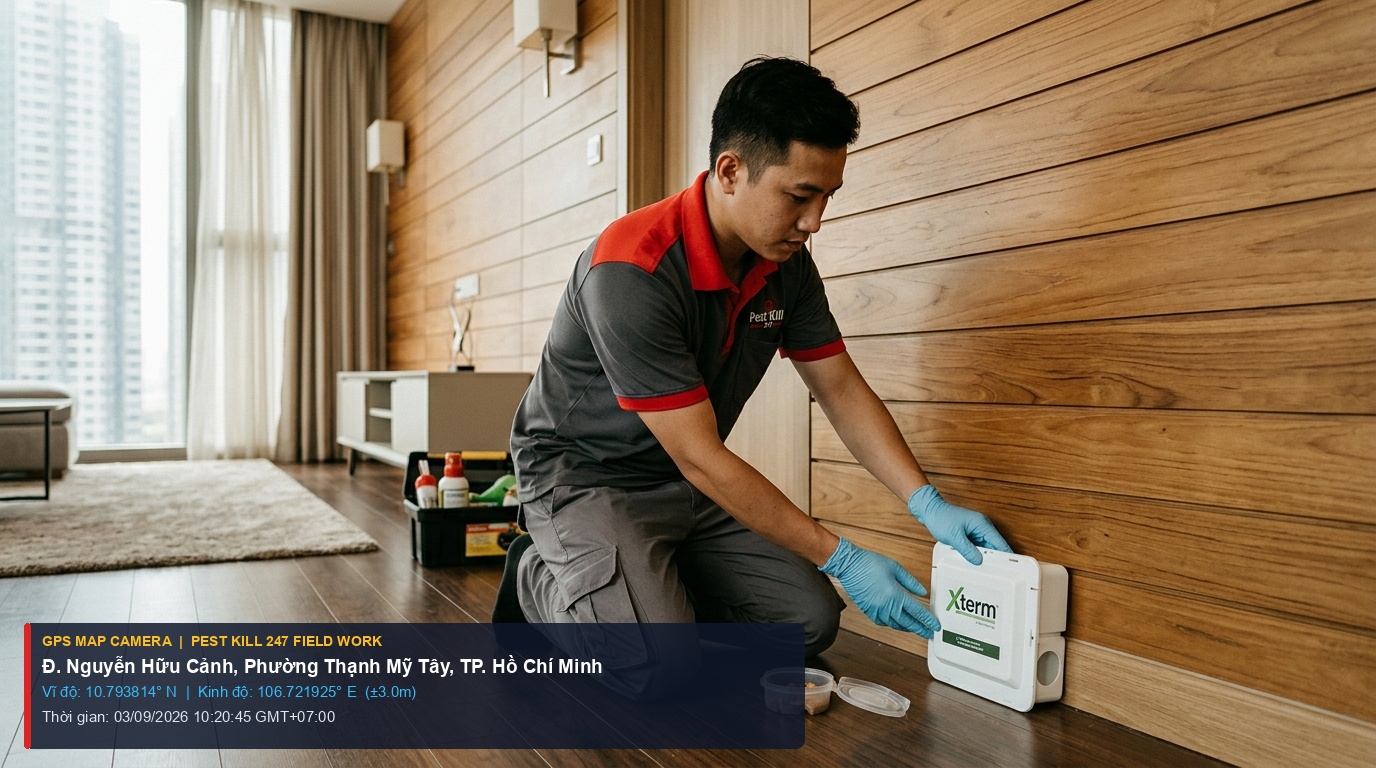 Dịch Vụ Diệt Mối Phường Thạnh Mỹ Tây TP.HCM | Bả Xterm Không Đục Phá 1 Ảnh chụp thực tế định vị GPS kỹ thuật viên Pest Kill 247 lắp đặt trạm bả Xterm tại căn hộ Phường Thạnh Mỹ Tây TP.HCM