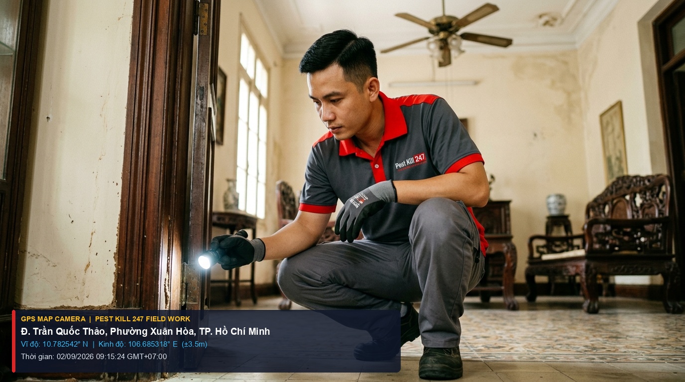 Dịch Vụ Diệt Mối Phường Xuân Hòa TP.HCM | Bả Sinh Học Không Đục Phá 1 Ảnh chụp thực tế định vị GPS kỹ thuật viên Pest Kill 247 kiểm tra tổ mối tại Phường Xuân Hòa TP.HCM