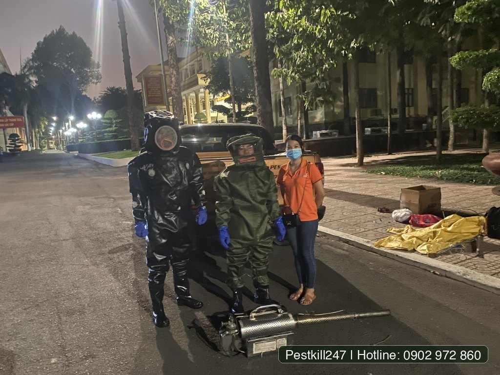 Kỹ thuật viên Pestkill247 mặc bộ giáp bảo hộ chống ong đốt chuyên dụng và máy phun khói mù nhiệt trực chiến cứu hộ bắt ong ban đêm tại TPHCM