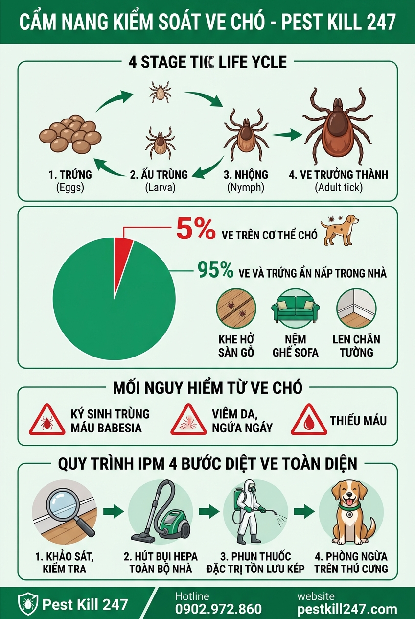 Infographic toàn bộ vòng đời và quy trình diệt ve chó tận gốc chuẩn Pest Kill 247