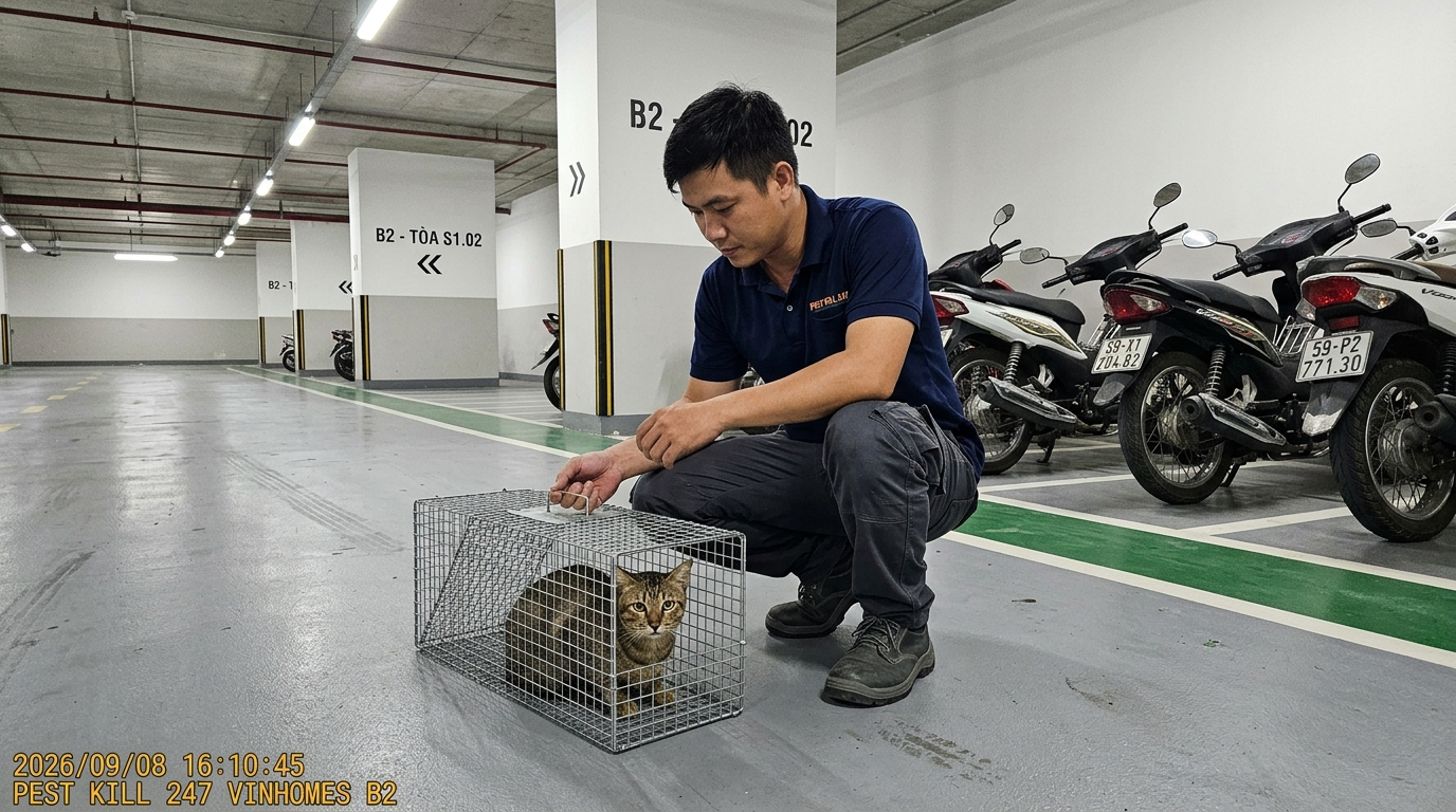 Kỹ thuật viên Pest Kill 247 kiểm tra cá thể mèo hoang an toàn trong bẫy lồng lò xo hầm B2 Vinhomes Grand Park
