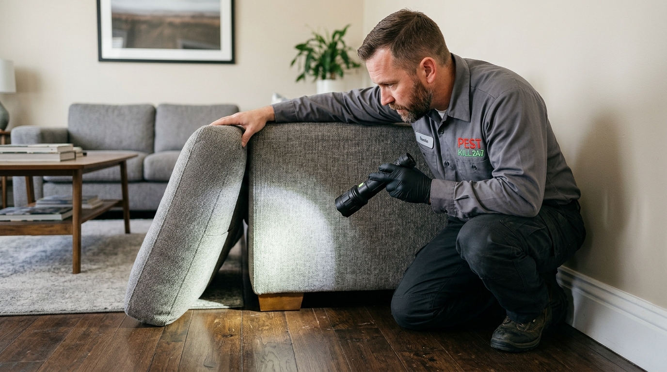 Kỹ thuật viên Pest Kill 247 soi đèn kiểm tra ổ ve chó nấp sau đệm sofa