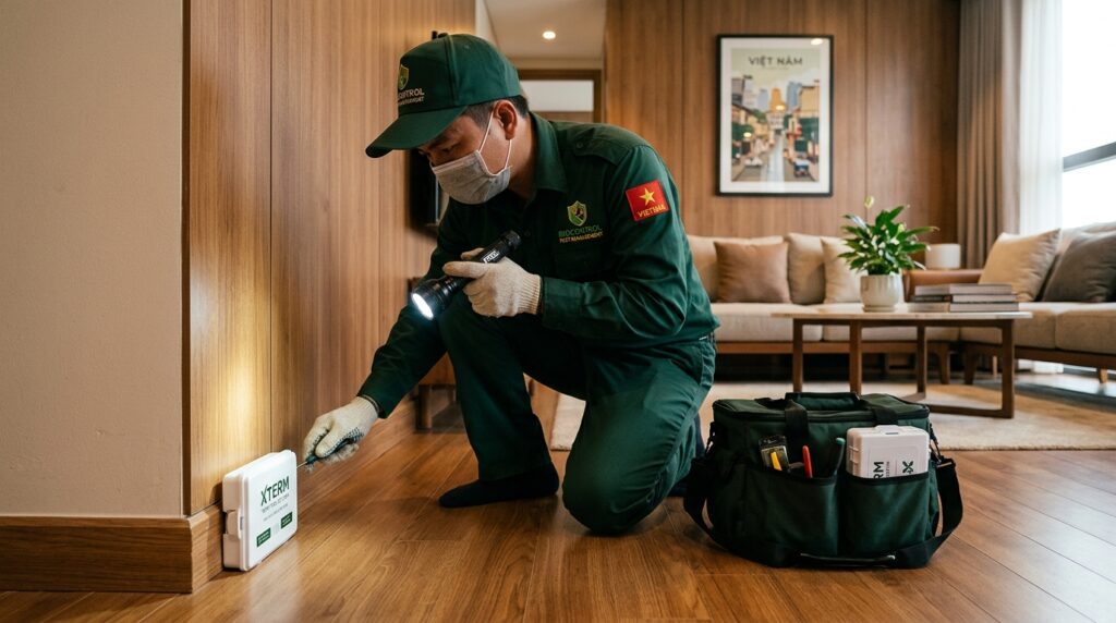 Kỹ thuật viên Pest Kill 247 lắp đặt trạm bả diệt mối Xterm không đục phá tại căn hộ Phường Thạnh Mỹ Tây Bình Thạnh