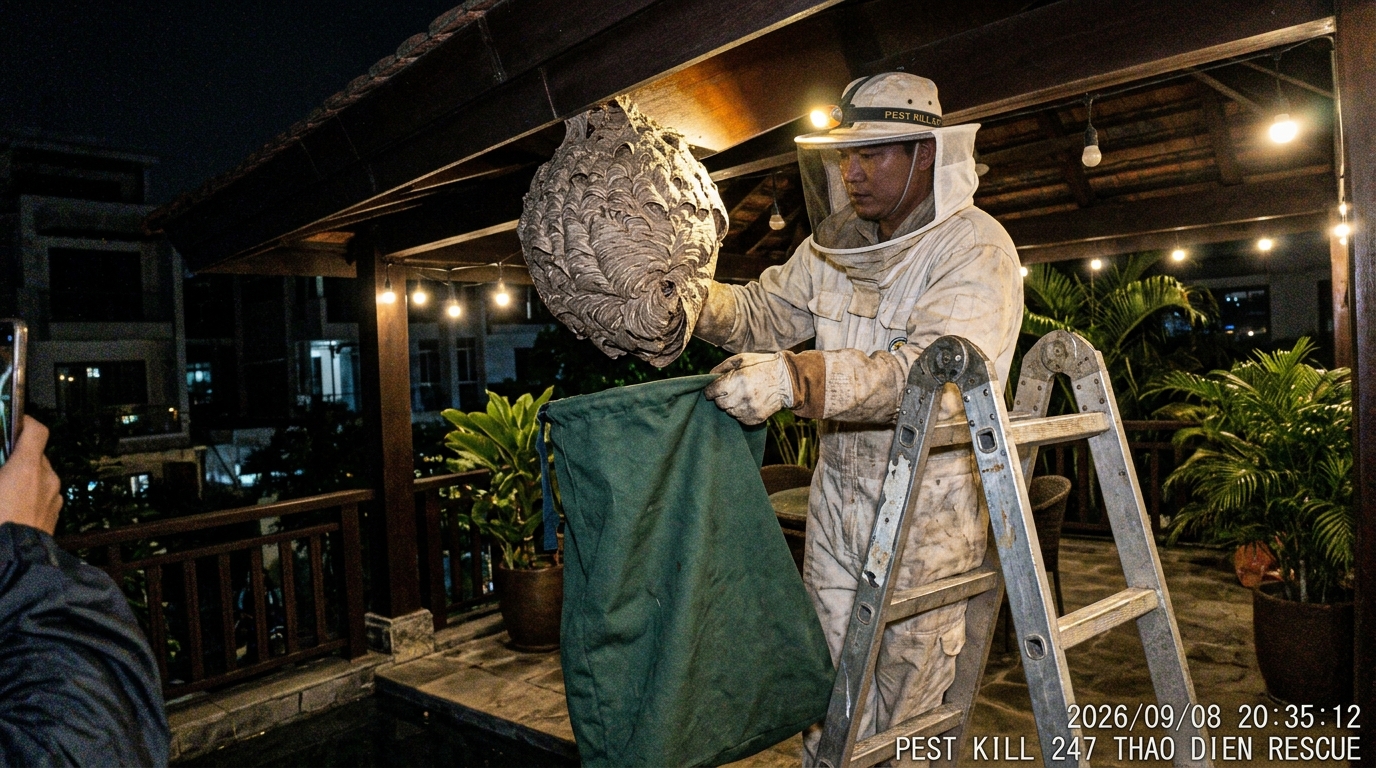 Kỹ thuật viên Pest Kill 247 mặc đồ bảo hộ chuyên dụng trùm lưới bắt tổ ong vò vẽ ban công biệt thự Thảo Điền TP. Hồ Chí Minh