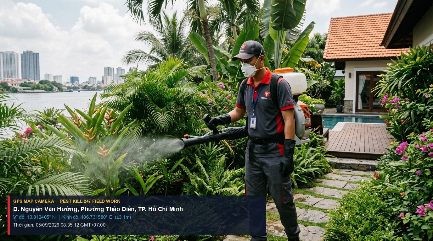 Dịch Vụ Diệt Côn Trùng Phường An Khánh (Thảo Điền) TPHCM | Phun Muỗi & Gián Biệt Thự 1 Ảnh chụp thực tế định vị GPS kỹ thuật viên Pest Kill 247 phun mù ULV diệt muỗi sân vườn biệt thự Phường An Khánh Thảo Điền TP HCM