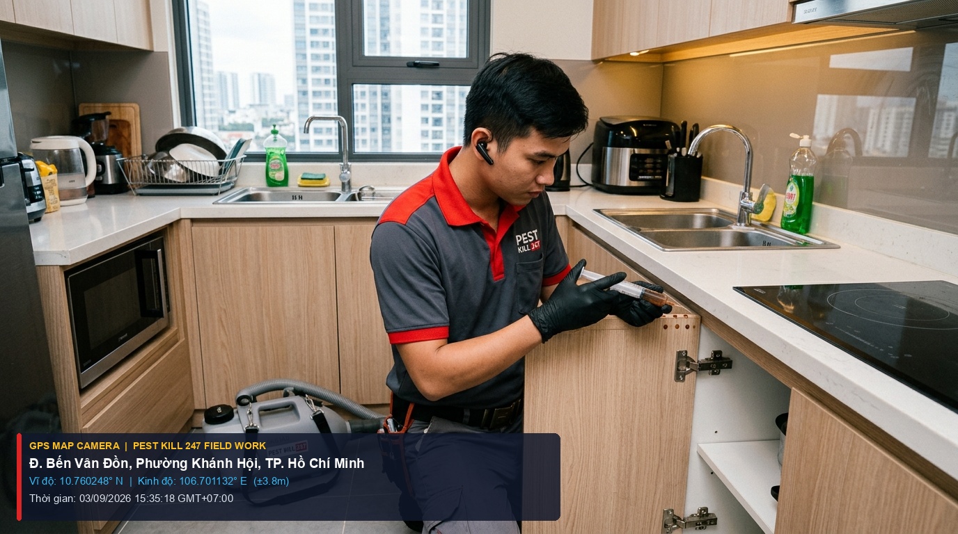 Dịch Vụ Diệt Côn Trùng Phường Khánh Hội TP.HCM | Diệt Muỗi & Gián Đức Chung Cư 1 Ảnh chụp thực tế định vị GPS kỹ thuật viên Pest Kill 247 bơm gel diệt gián Đức tại chung cư Phường Khánh Hội TP.HCM