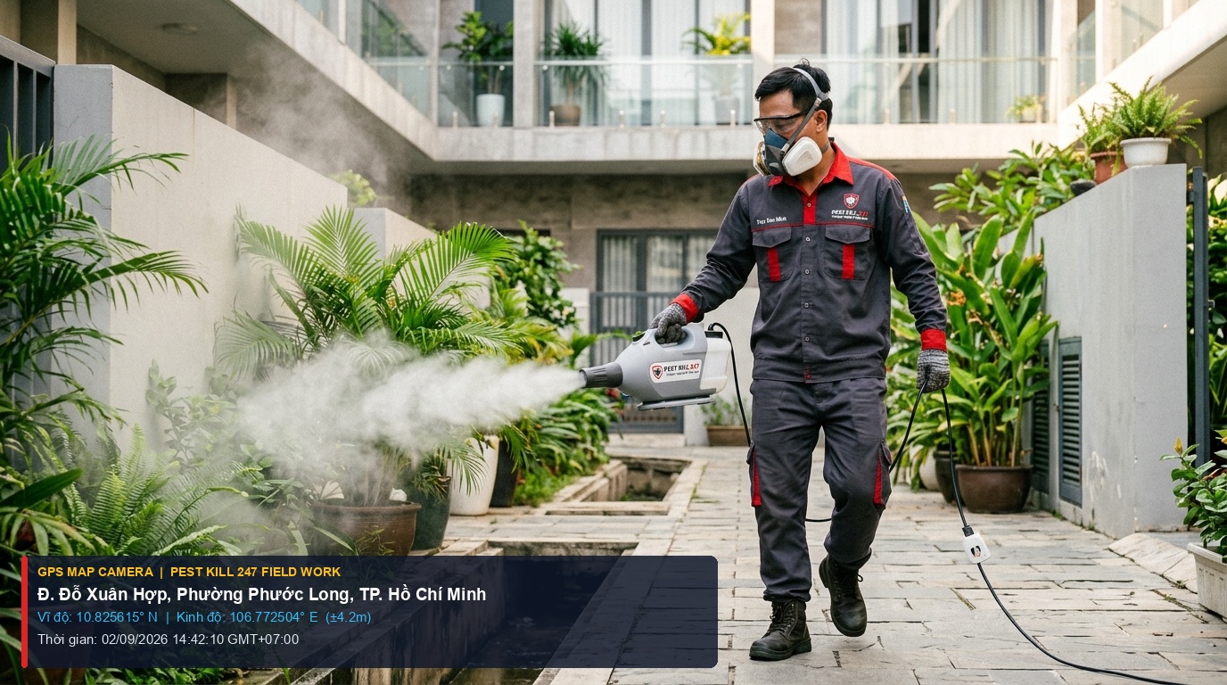Dịch Vụ Diệt Côn Trùng Phường Phước Long TP.HCM | Chuẩn Bộ Y Tế 1 Ảnh chụp thực tế định vị GPS kỹ thuật viên Pest Kill 247 phun mù lạnh ULV diệt muỗi tại Phường Phước Long TP.HCM