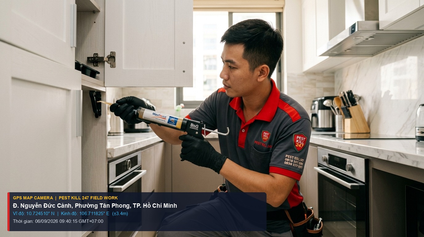 Dịch Vụ Diệt Côn Trùng Phường Tân Phong TPHCM | Diệt Gián Đức & Phun Muỗi Phú Mỹ Hưng 1 Ảnh chụp thực tế định vị GPS kỹ thuật viên Pest Kill 247 bơm gel diệt gián Đức tại tủ bếp chung cư Phường Tân Phong Phú Mỹ Hưng TP HCM