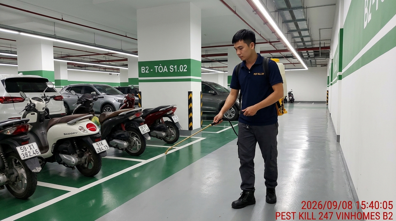 Kỹ thuật viên Pest Kill 247 phun thuốc tồn lưu diệt bọ chét hầm xe B2 tòa S1.02 Vinhomes Grand Park TP. Hồ Chí Minh