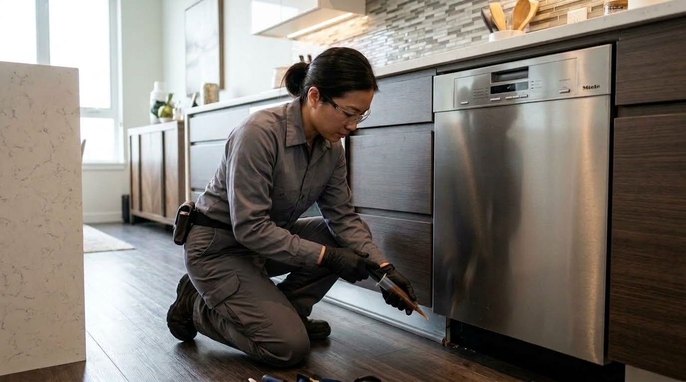 Kỹ thuật viên Pestkill247 chuyên nghiệp tra bả gel sinh học diệt gián Đức sau nẹp chân máy rửa bát