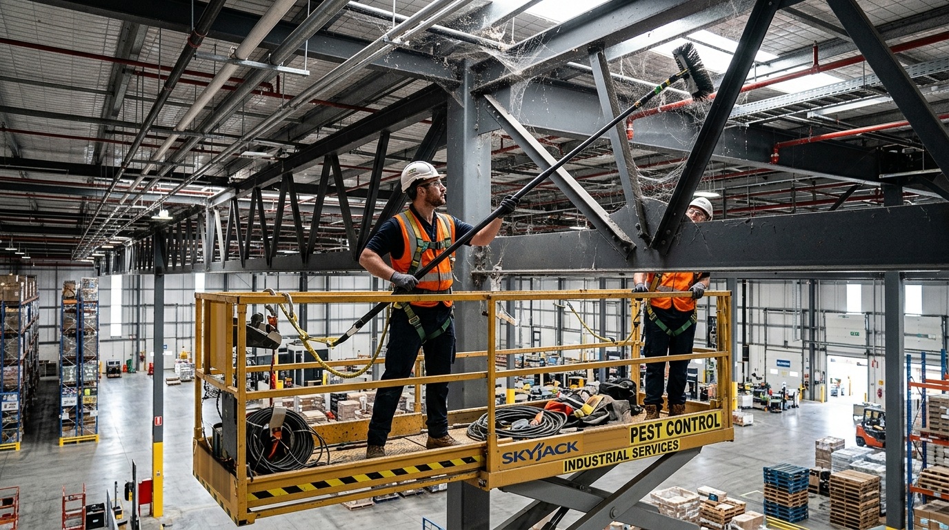 Kỹ thuật viên Pest Kill 247 vận hành xe nâng tự hành Scissor Lift vệ sinh mạng nhện xà gồ nhà xưởng trên cao